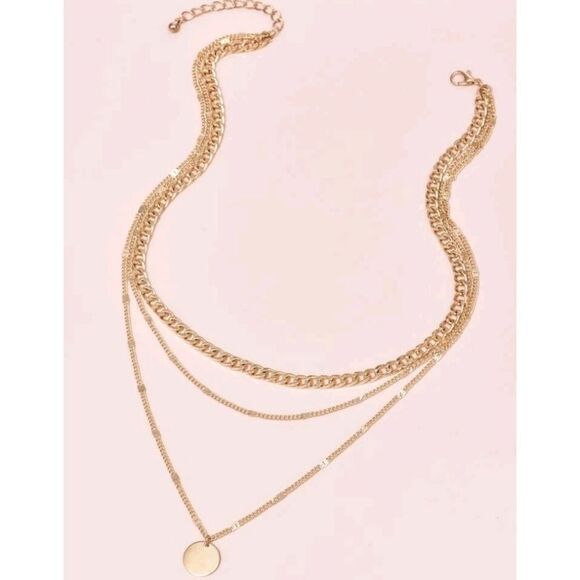 💖 2/$30 Boho disc dainty layered gold tone chain link chunky charm necklace - Picture 7 of 13